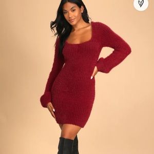 Lulus Cozy You Again Wine Red Eyelash Knit
Sweater Dress